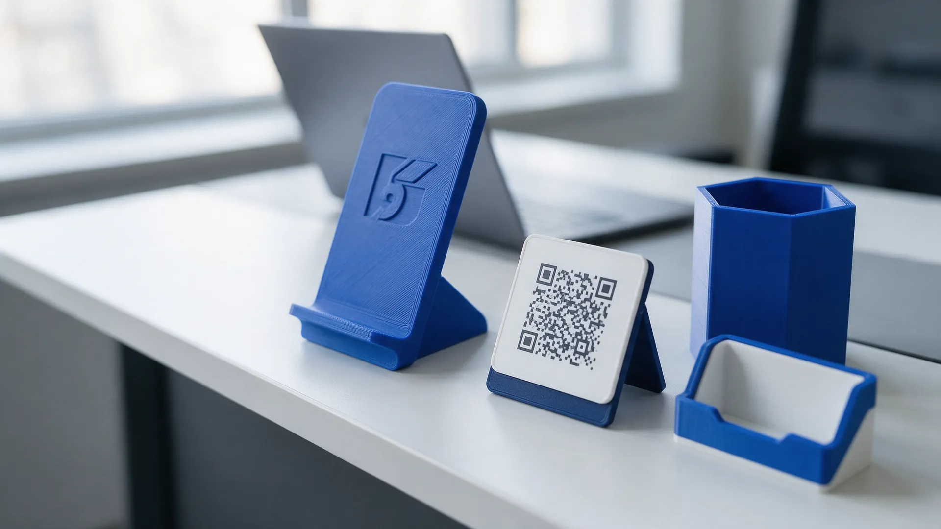 Soporte de celular y piezas con logo corporativo impresas en 3D sobre un escritorio de oficina