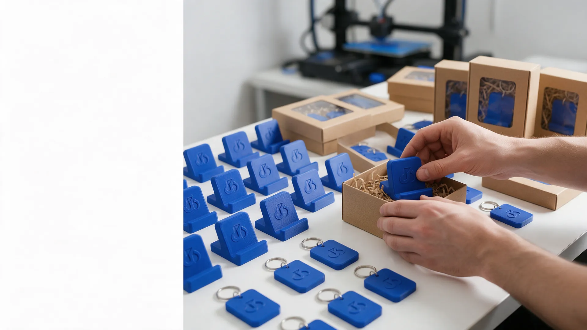 Lote de soportes y llaveros impresos en 3D siendo empacados en cajas kraft