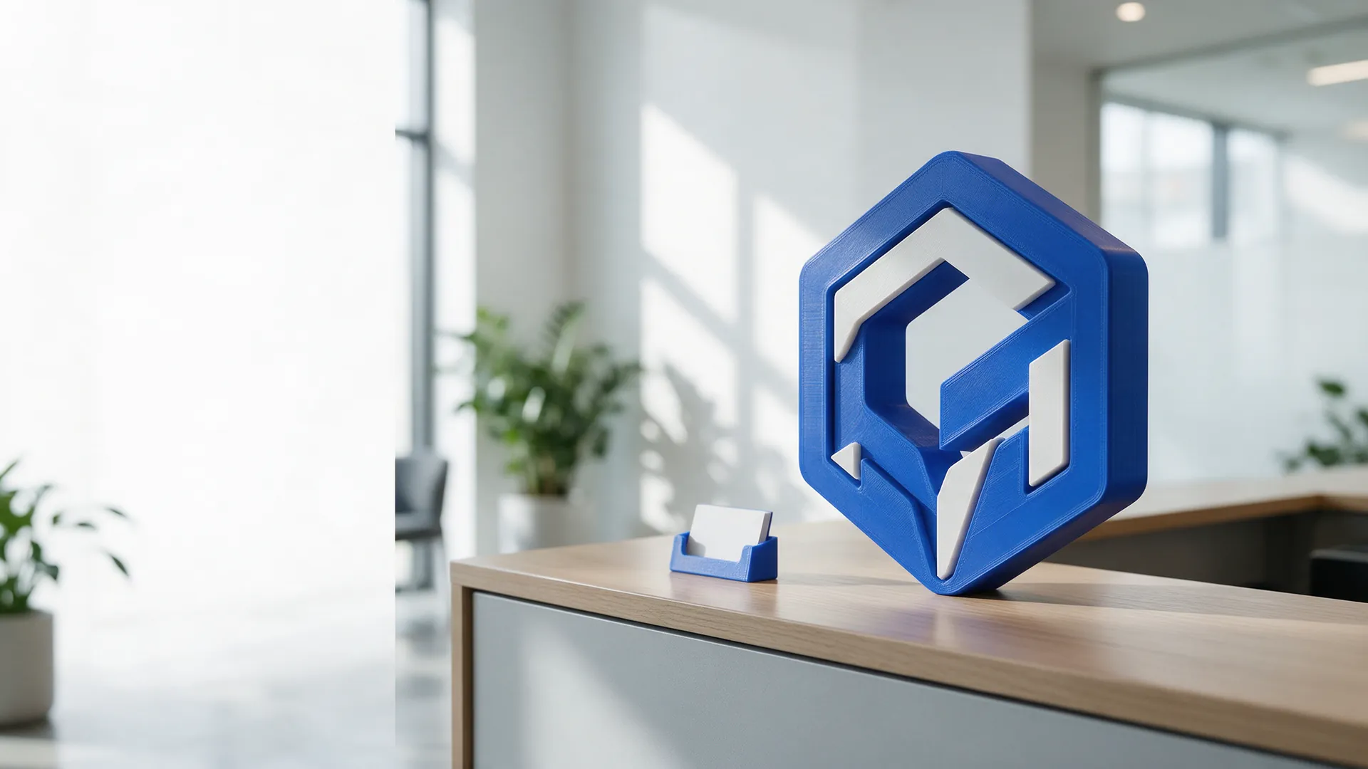 Logo de empresa en 3D de gran tamaño sobre el mesón de recepción